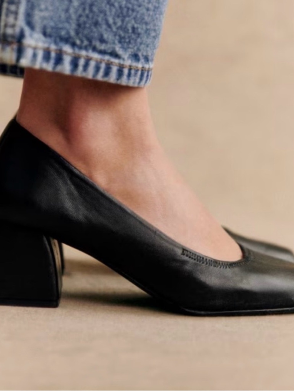 Sezane Black Leather Square-Toe Block Heel Pumps